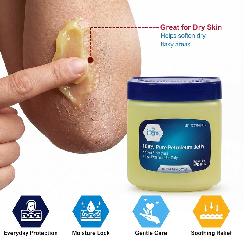 Medpride 100% Pure White Petroleum Jelly – 8 oz Skin Protectant & Moisturizing Ointment for Dry Skin, Rashes, Burns, Wounds, Chapped Lips & Diaper Rash – Fragrance Free, Hypoallergenic Family Jar - Image 4